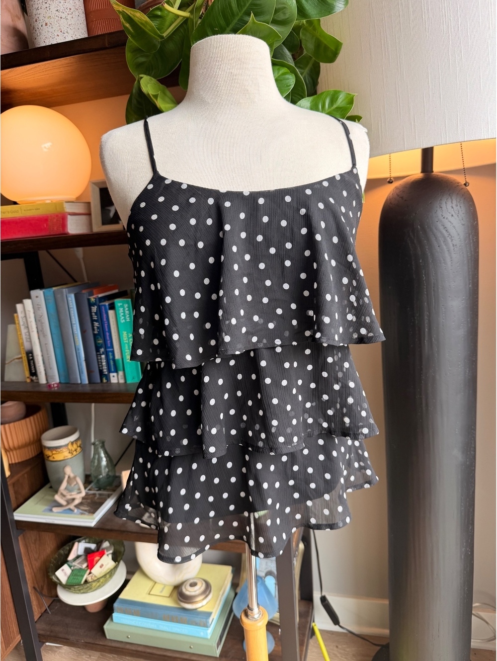 Vintage Y2K Candie's Black Polka Dot Ruffle Tiered Cami Top Medium Whimsygoth